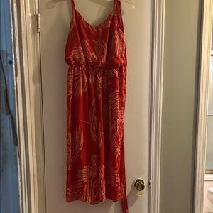 As U Wish Belted Red and Tan Leaf Print Midi Dress